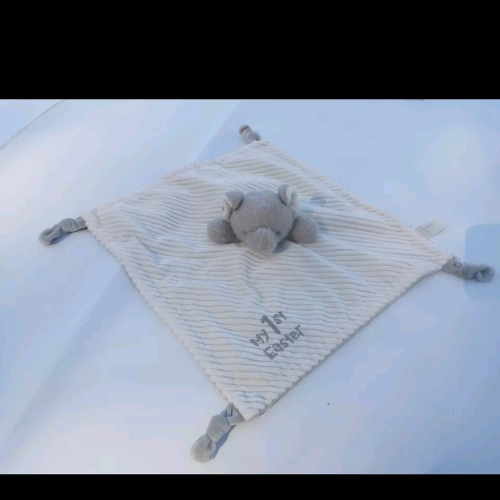 My 1st First Easter Baby Blanket Gray Ivory Elephant Rattle Security Lovey Knots